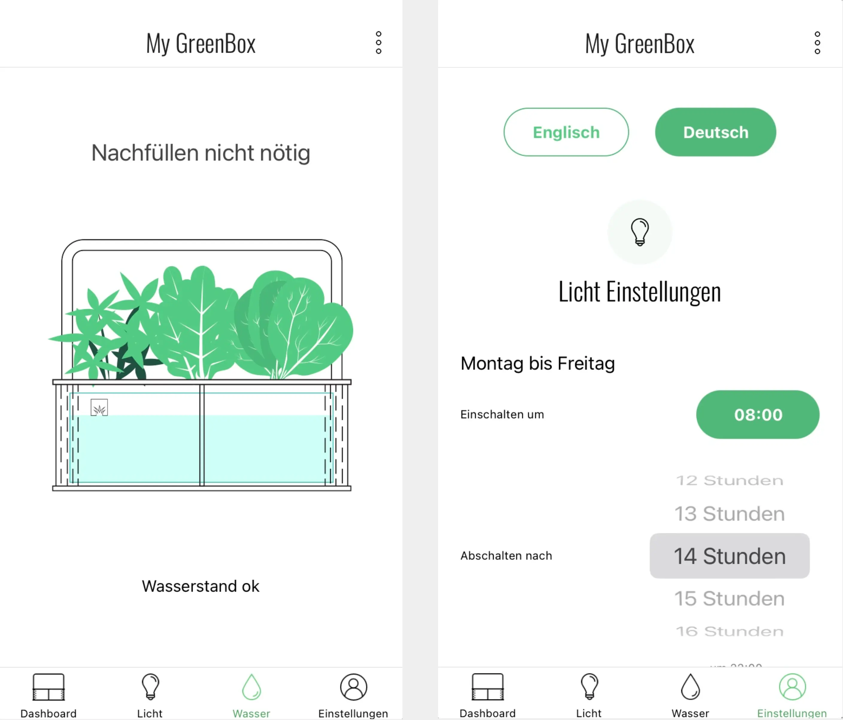 Greenbox App: Wasser und Einstellungen
