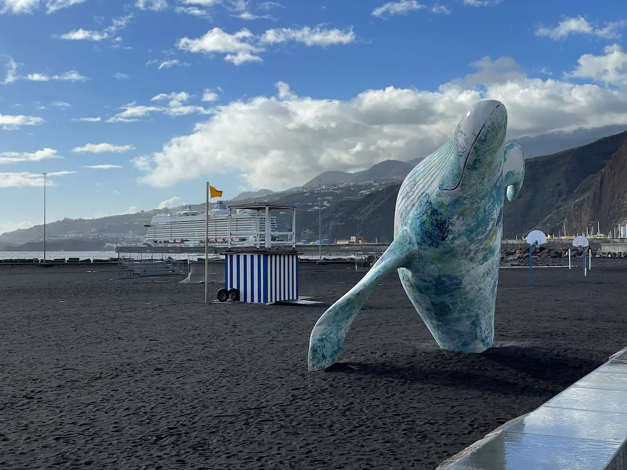 Schwarzer Sandstrand Playa de Santa Cruz de La Palma mit einer Wal-Skulptur